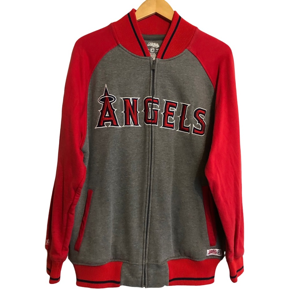 Vintage Anaheim Angels Stitches Red Gray MLB Fleece Baseball Sweatshirt Jacket M